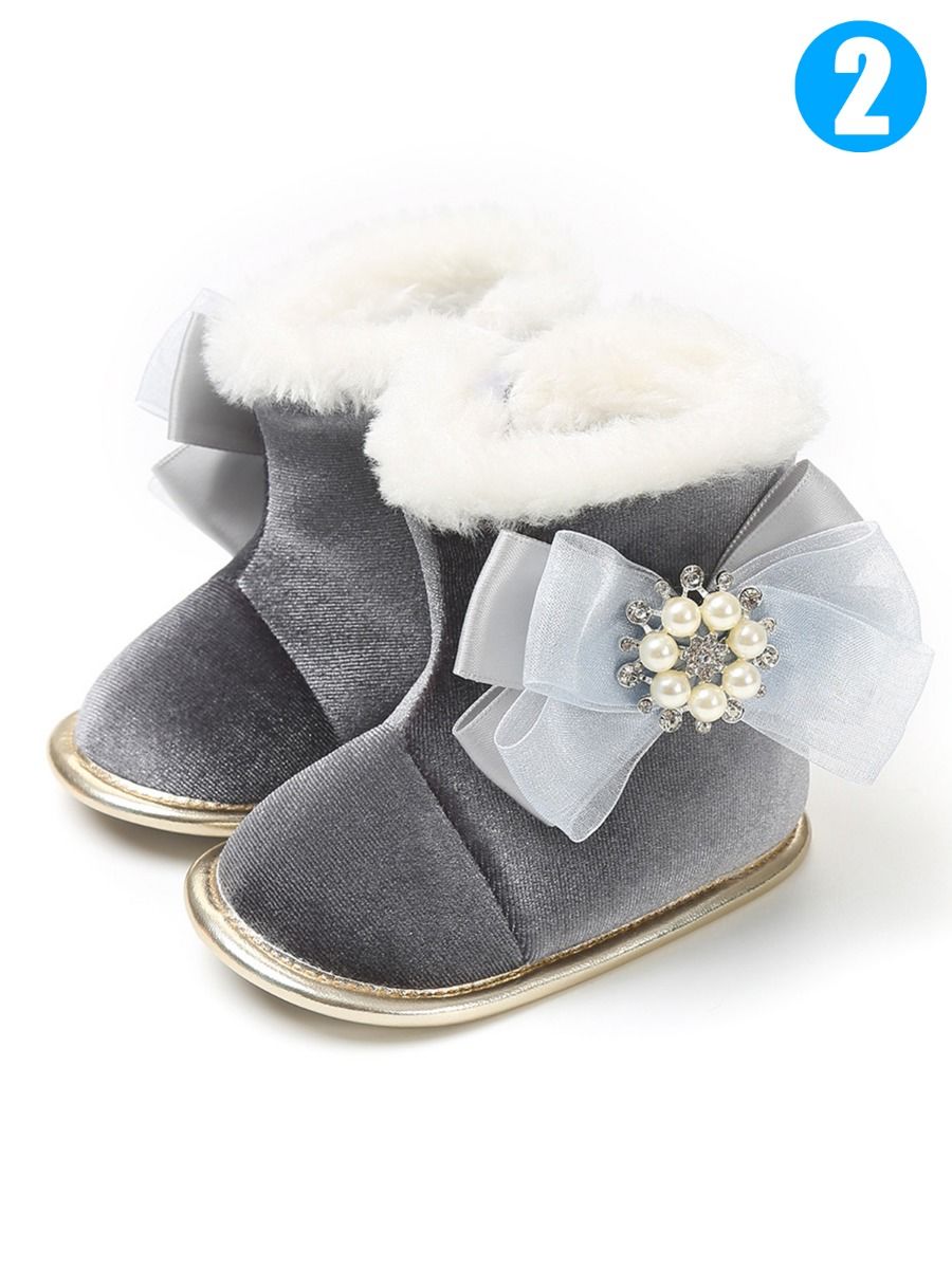 Bowknot Trimmed Soft Fur Winter Warm Infant Girl Snow Boots